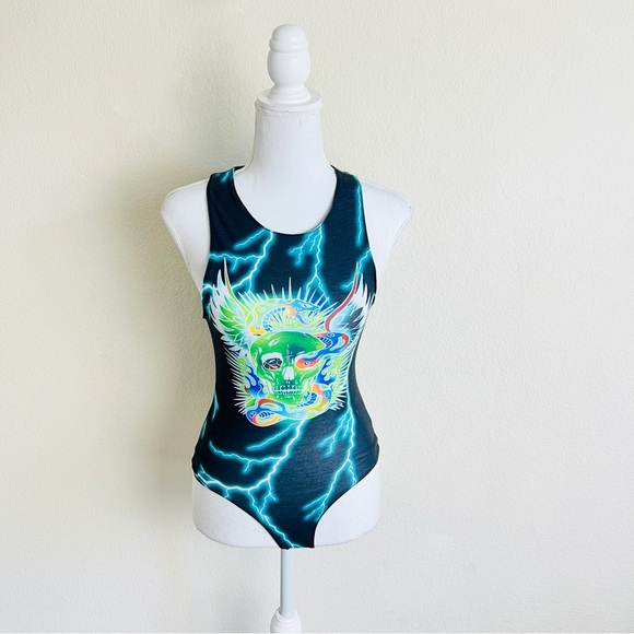 ASOS Collusion Black Grunge Lightning Skull Racerback Bodysuit - Picture 1 of 7